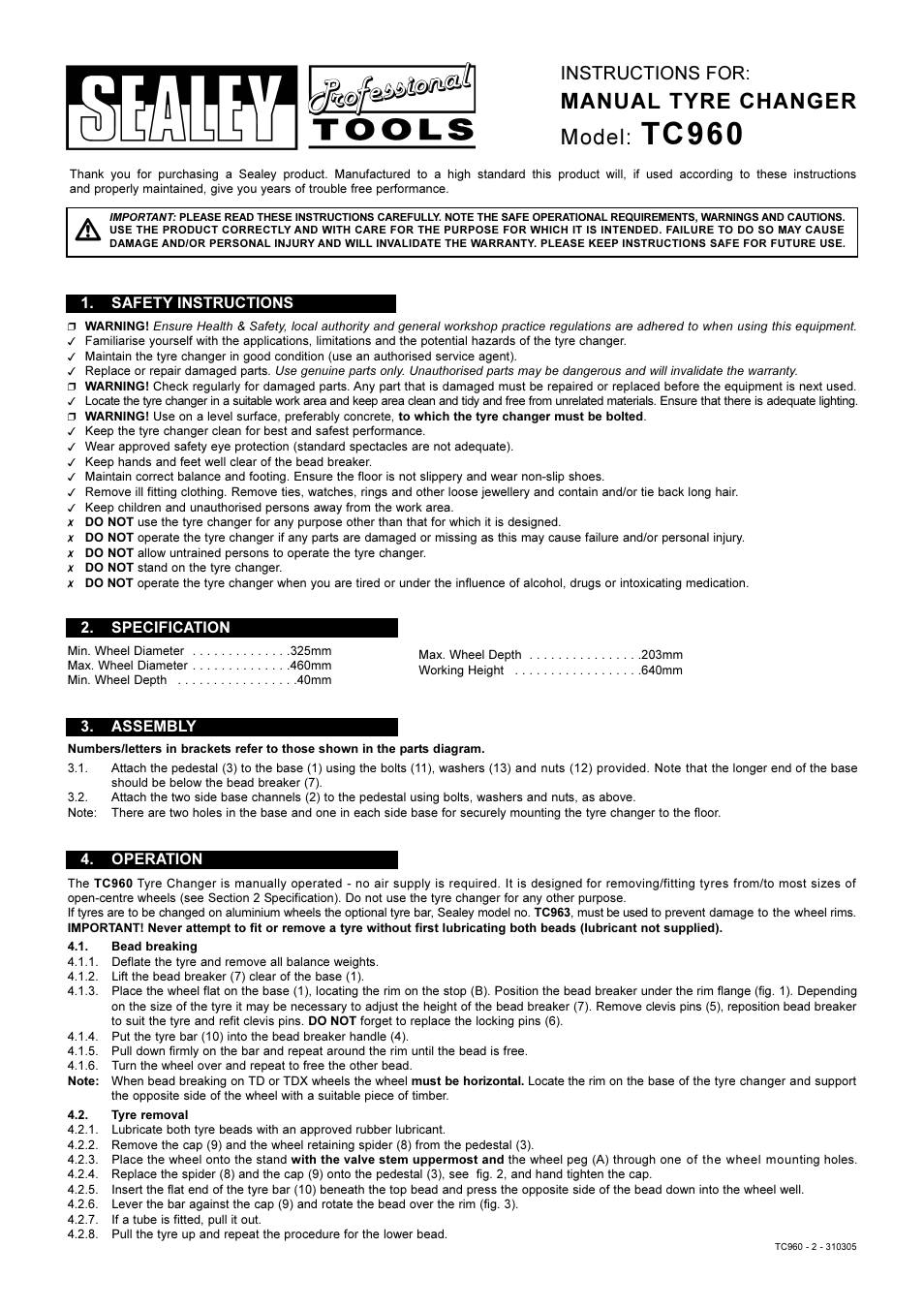 Sealey TC960 User Manual | 2 pages