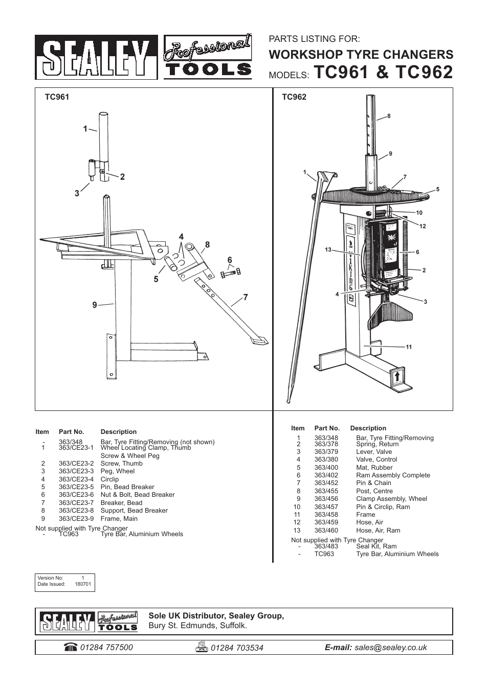 Workshop tyre changers, Parts listing for, Models | Sealey TC962 User Manual | Page 4 / 4