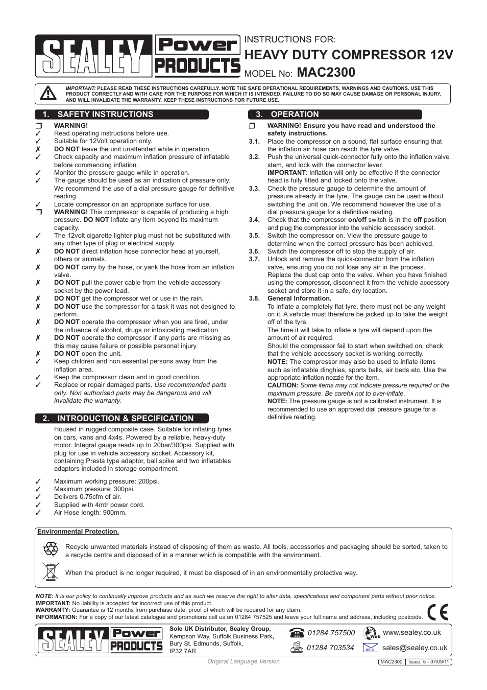 Sealey MAC2300 User Manual | 1 page