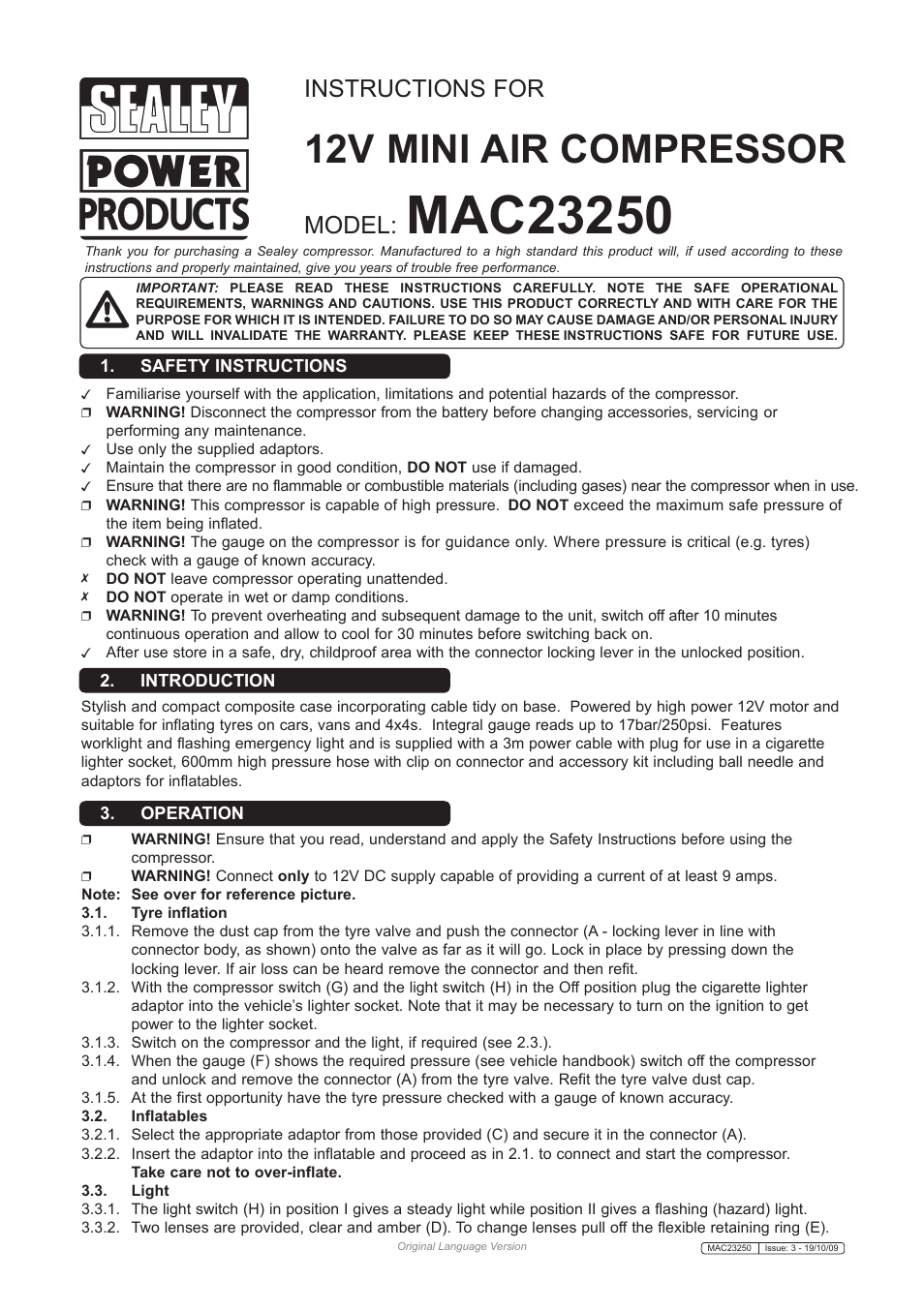 Sealey MAC23250 User Manual | 2 pages