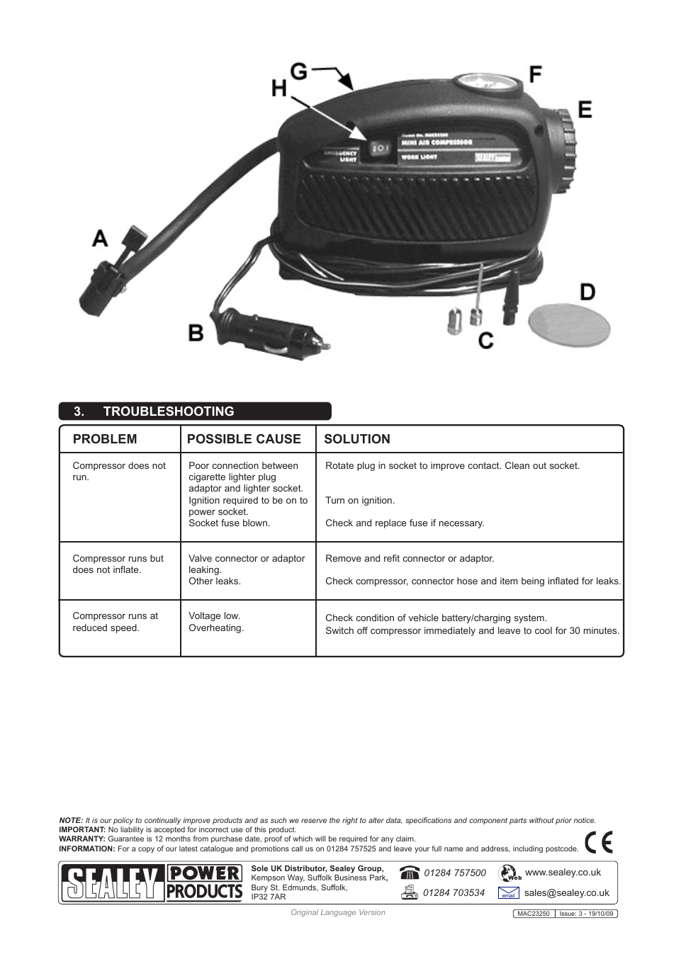 Problem possible cause solution, Troubleshooting | Sealey MAC23250 User Manual | Page 2 / 2