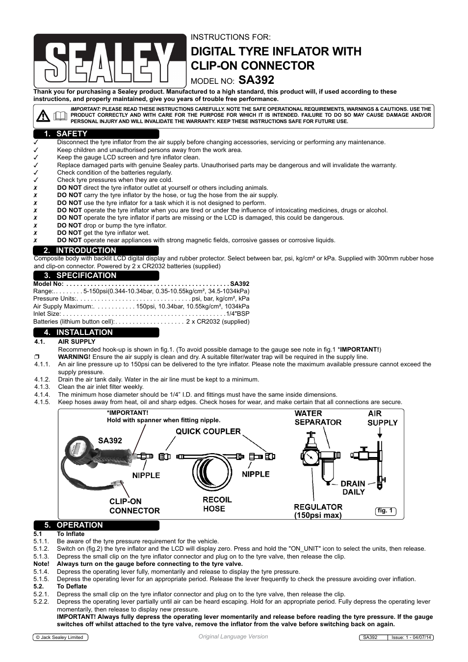 Sealey SA392 User Manual | 2 pages