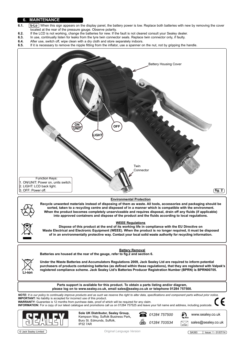 Maintenance | Sealey SA393 User Manual | Page 2 / 2