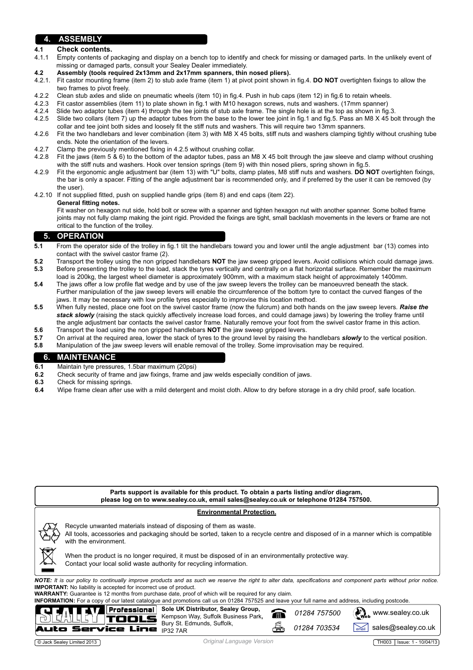 Assembly, Operation 6. maintenance | Sealey TH003 User Manual | Page 2 / 2