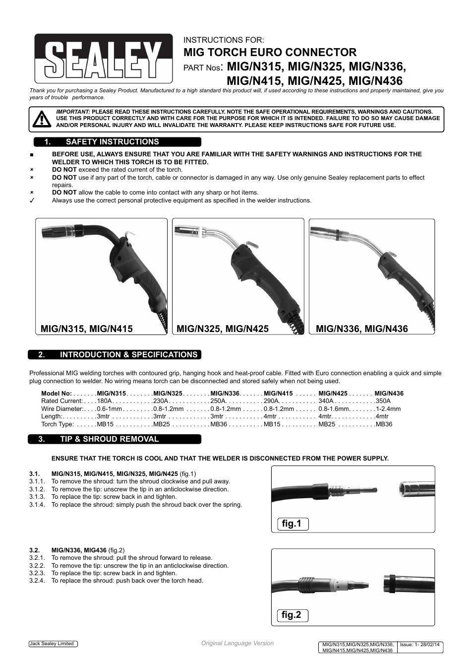 Sealey MIG/N315 User Manual | 2 pages