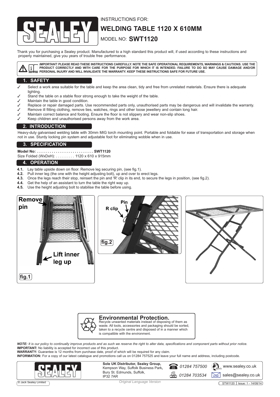 Sealey SWT1120 User Manual | 2 pages