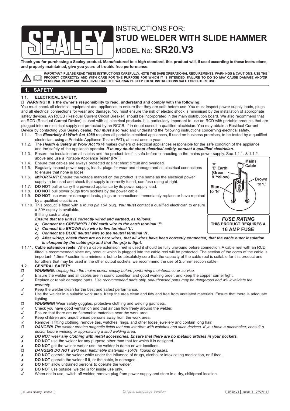 Sealey SR20 User Manual | 3 pages