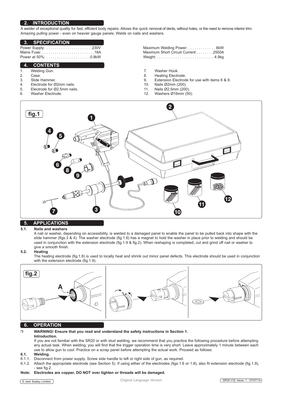 Fig.1, Fig.2, Introduction | Specification 5. applications 4. contents, Operation | Sealey SR20 User Manual | Page 2 / 3