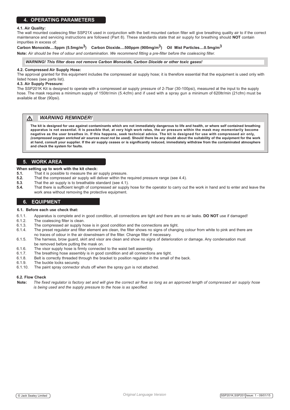 Warning reminder! 5. work area 6. equipment, Operating parameters | Sealey SSP201 User Manual | Page 2 / 3