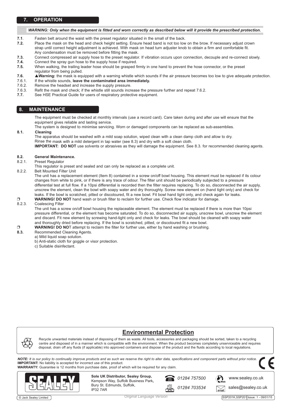 Environmental protection | Sealey SSP201 User Manual | Page 3 / 3