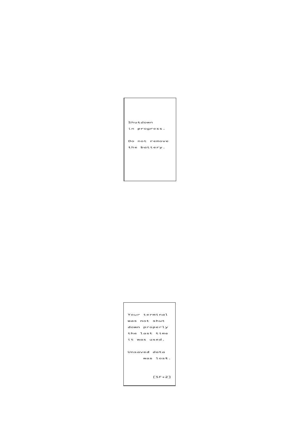 6 bht turning-off notes, 1 ] "shutdown in progress" message, 2 ] if the bht is turned off abnormally | Bht turning-off notes, Shutdown in progress" message, If the bht is turned off abnormally | Denso BHT-100Q User Manual | Page 47 / 208