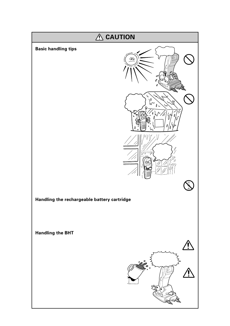 Caution, Basic handling tips, Handling the rechargeable battery cartridge | Handling the bht | Denso BHT-100Q User Manual | Page 9 / 208