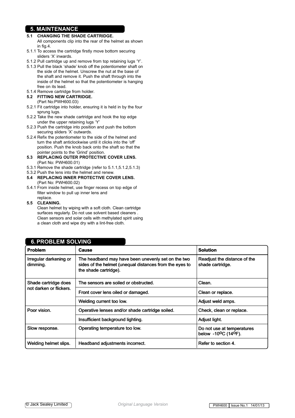 Maintenance, Problem solving | Sealey PWH600 User Manual | Page 3 / 4