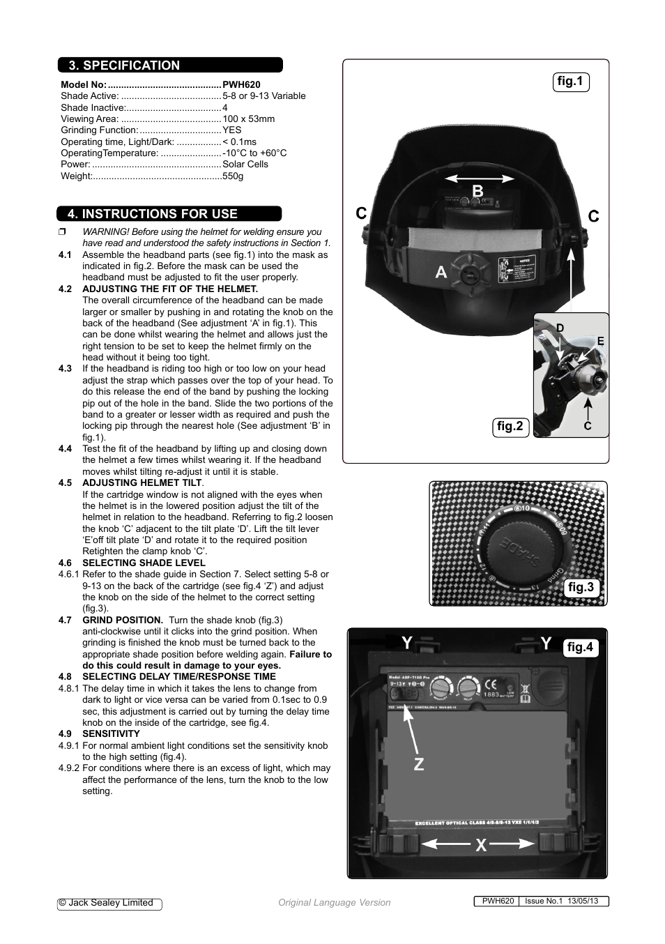 Instructions for use 3. specification, Fig.1 fig.2, Fig.4 fig.3 | Sealey PWH620 User Manual | Page 2 / 4