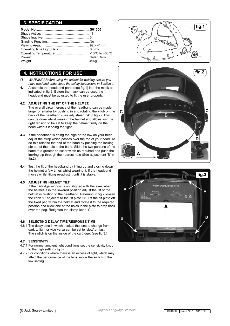Instructions for use, Fig.3 3. specification, Fig.1 fig.2 | Sealey S01000 User Manual | Page 2 / 4