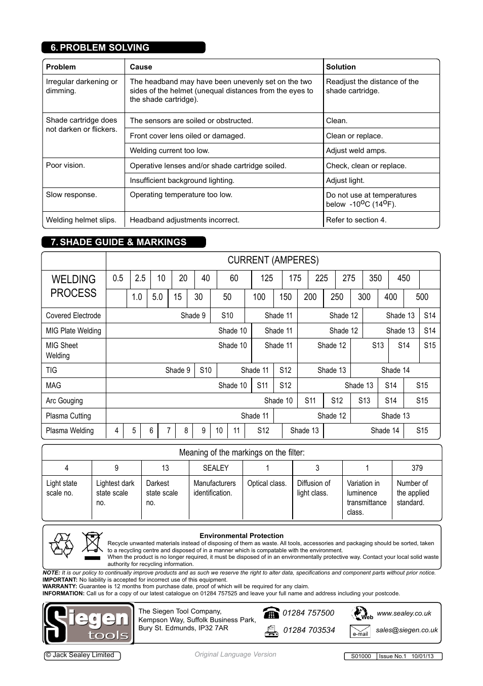 Welding process, Current (amperes) | Sealey S01000 User Manual | Page 4 / 4
