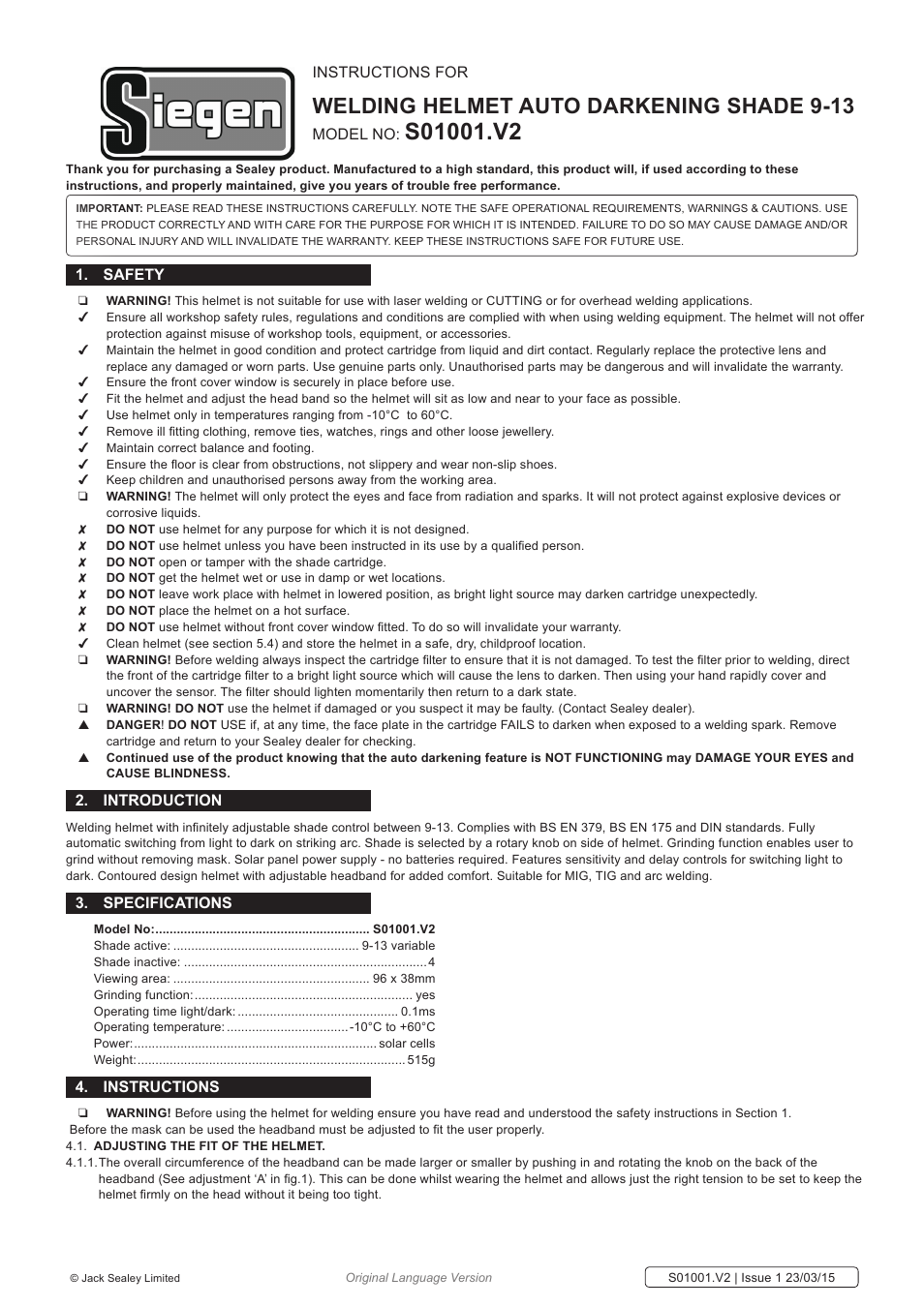 Sealey S01001 User Manual | 3 pages