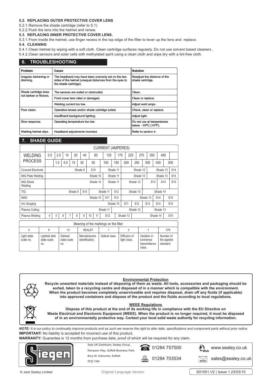 Troubleshooting 7. shade guide, Welding process | Sealey S01001 User Manual | Page 3 / 3