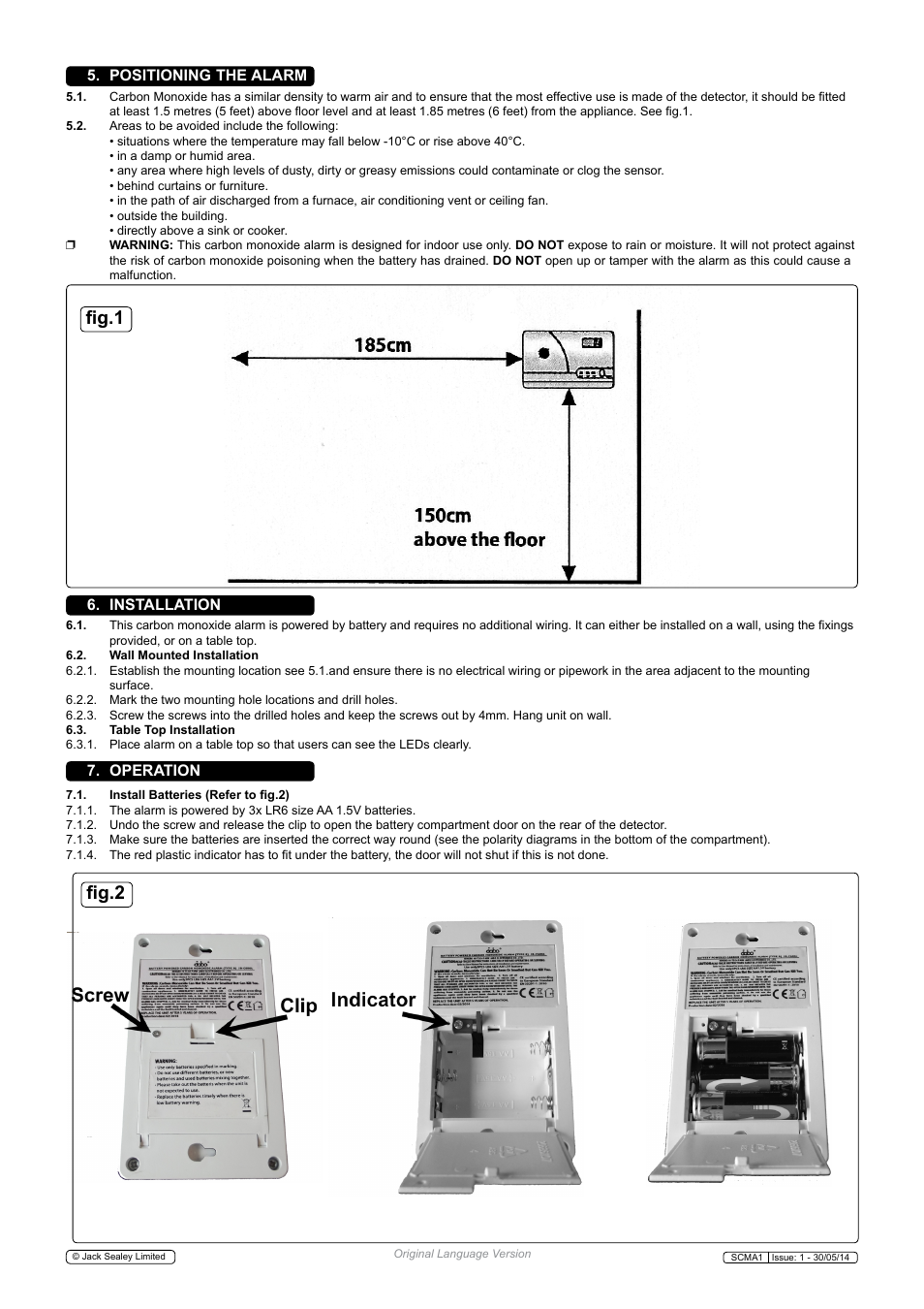 Fig.1 fig.2, Installation 7. operation, Positioning the alarm | Sealey SCMA1 User Manual | Page 2 / 6