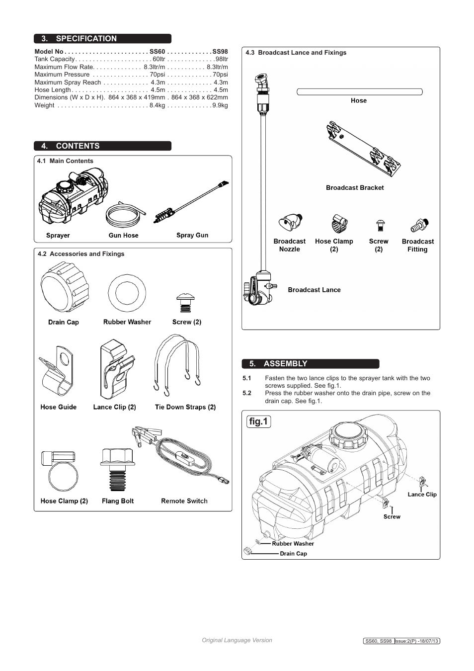 Broadcast / spot sprayers, Ss60, ss98, Instructions for | Model n, Fig.1 | Sealey SS60 User Manual | Page 2 / 6