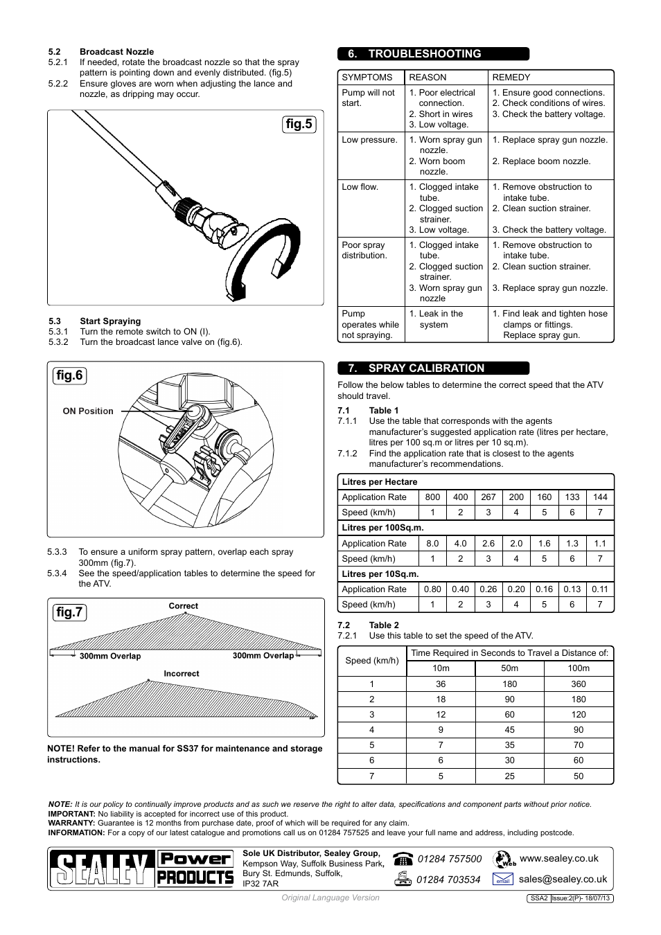 Fig.5 fig.6 fig.7, Troubleshooting, Spray calibration | Sealey SSA2 User Manual | Page 3 / 3