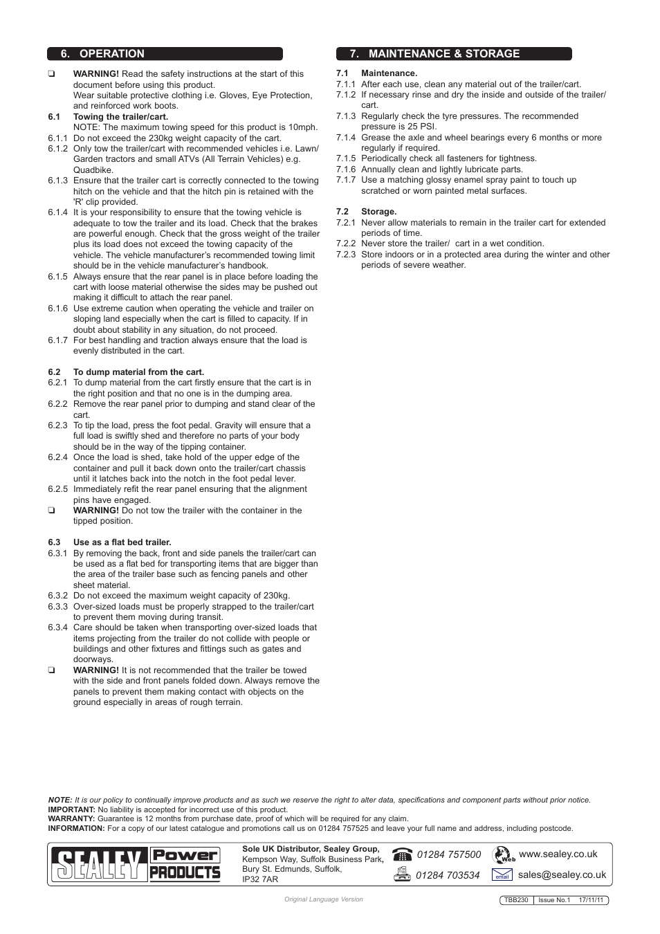 Operation 7. maintenance & storage | Sealey TBB230 User Manual | Page 4 / 4