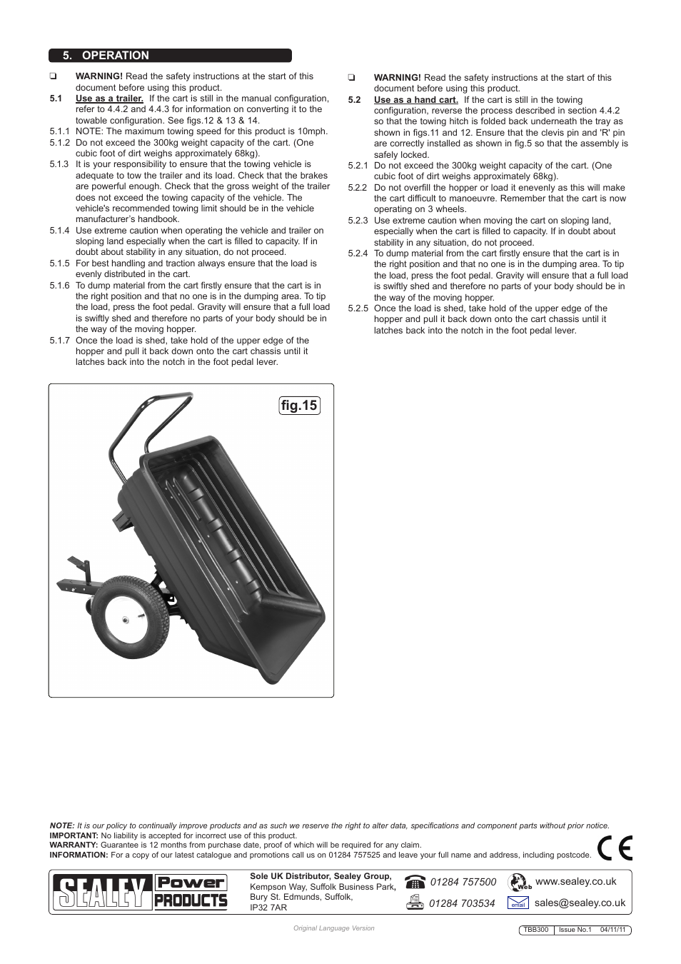 Fig.15, Operation | Sealey TBB300 User Manual | Page 4 / 4