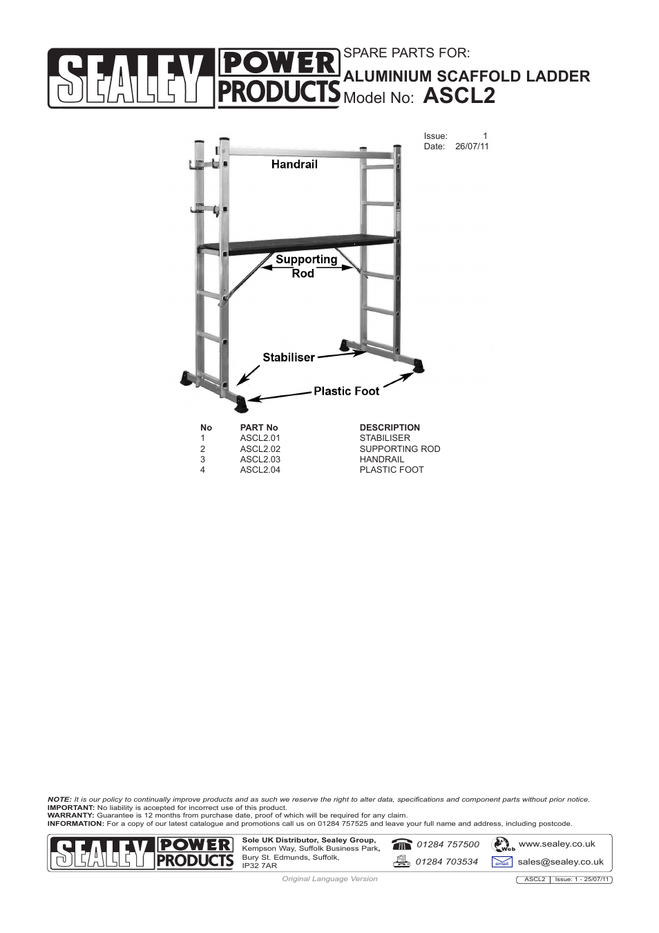 Ascl2, Aluminium scaffold ladder model no, Spare parts for | Sealey ASCL2 User Manual | Page 3 / 3