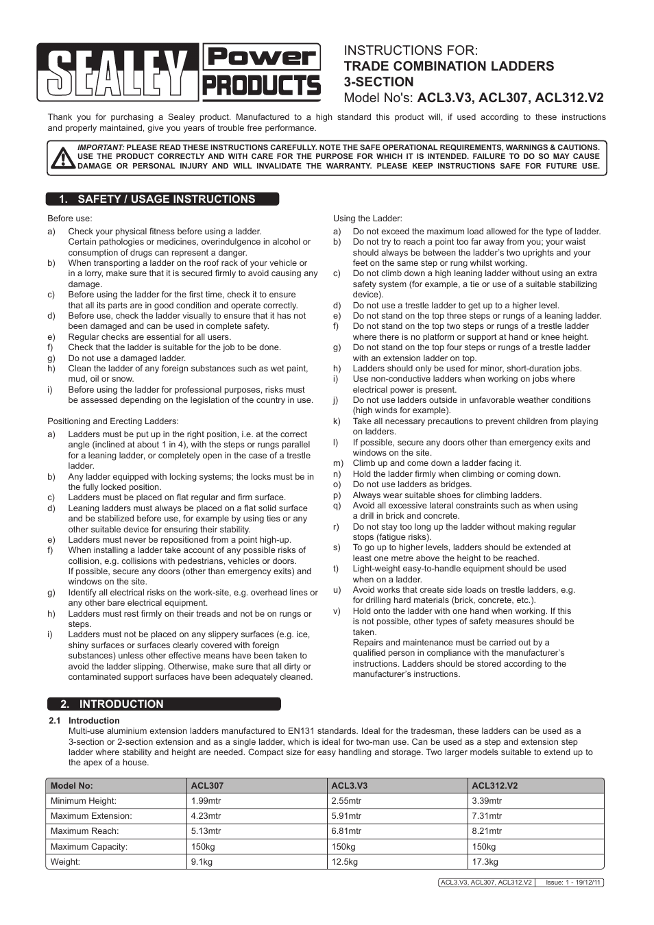 Sealey ACL3 User Manual | 2 pages