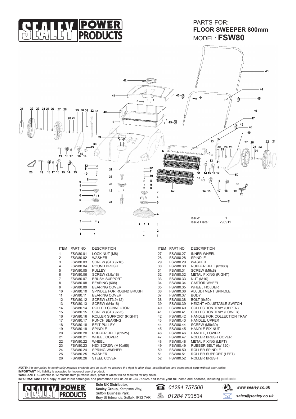 Fsw80, Parts for: floor sweeper 800mm model | Sealey FSW80 User Manual | Page 2 / 2