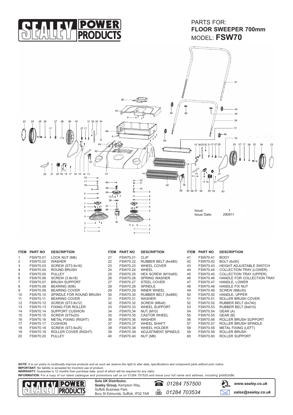 Fsw70, Parts for: floor sweeper 700mm model | Sealey FSW70 User Manual | Page 2 / 2