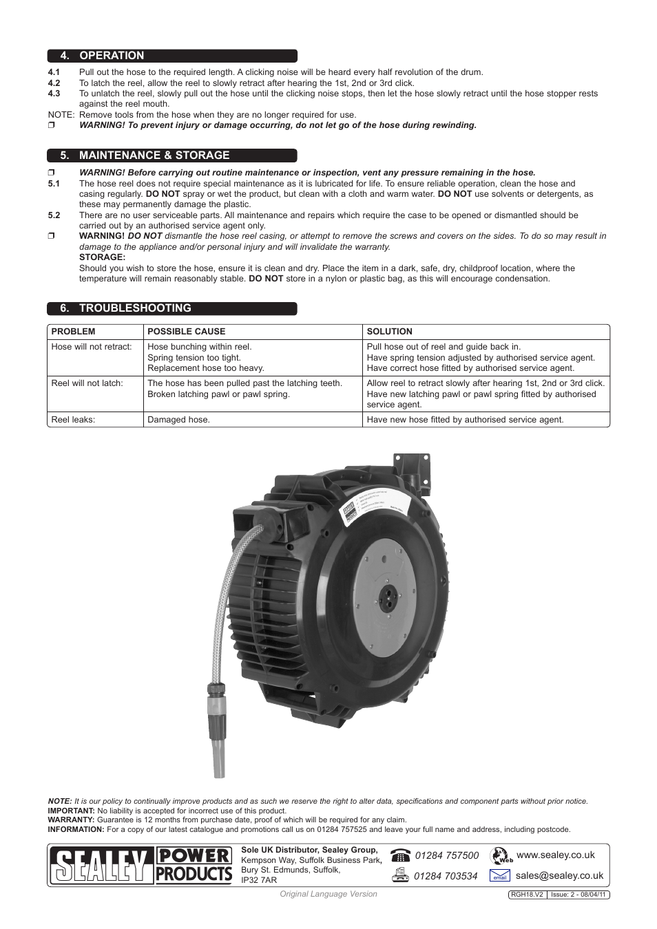 Maintenance & storage, Operation 6. troubleshooting | Sealey RGH18 User Manual | Page 2 / 2