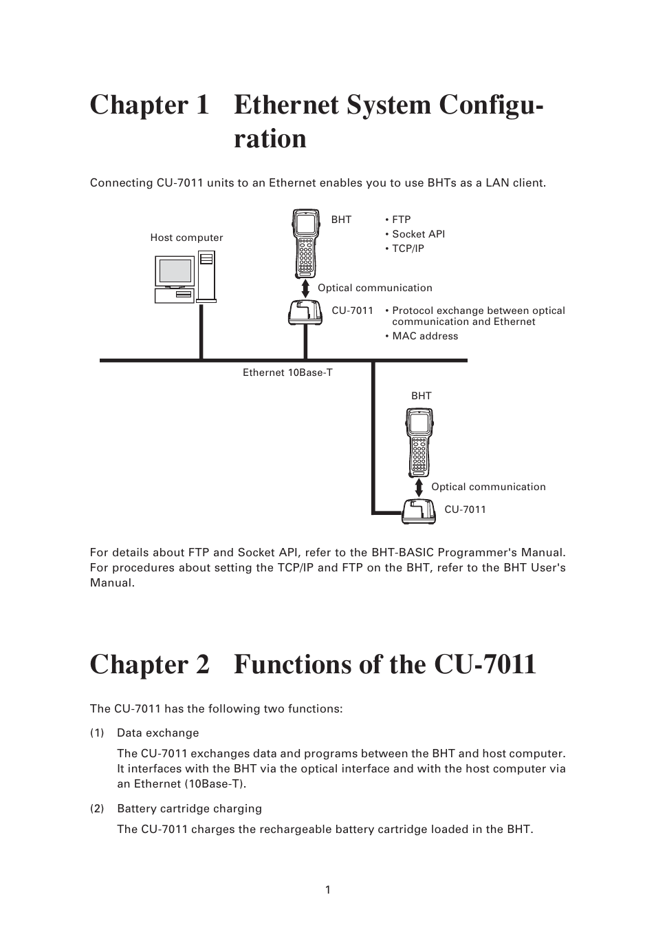 Chapter 1 ethernet system configuration, Chapter 2 functions of the cu-7011, Chapter 1 | Ethernet system configuration, Chapter 2, Functions of the cu-7011, Chapter 1 ethernet system configu- ration | Denso CU-7011 User Manual | Page 11 / 23