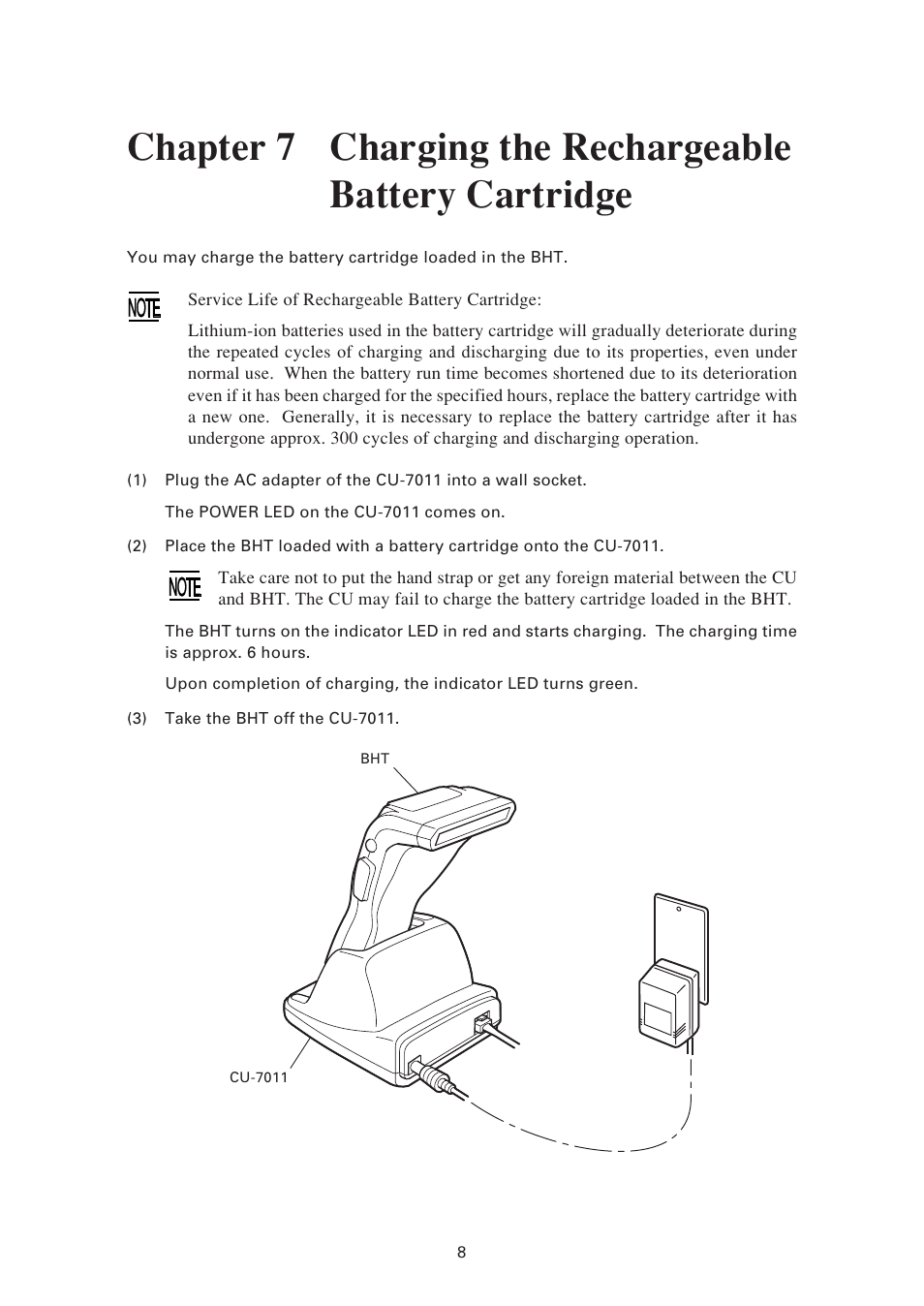 Chapter 7, Charging the rechargeable battery cartridge | Denso CU-7011 User Manual | Page 18 / 23