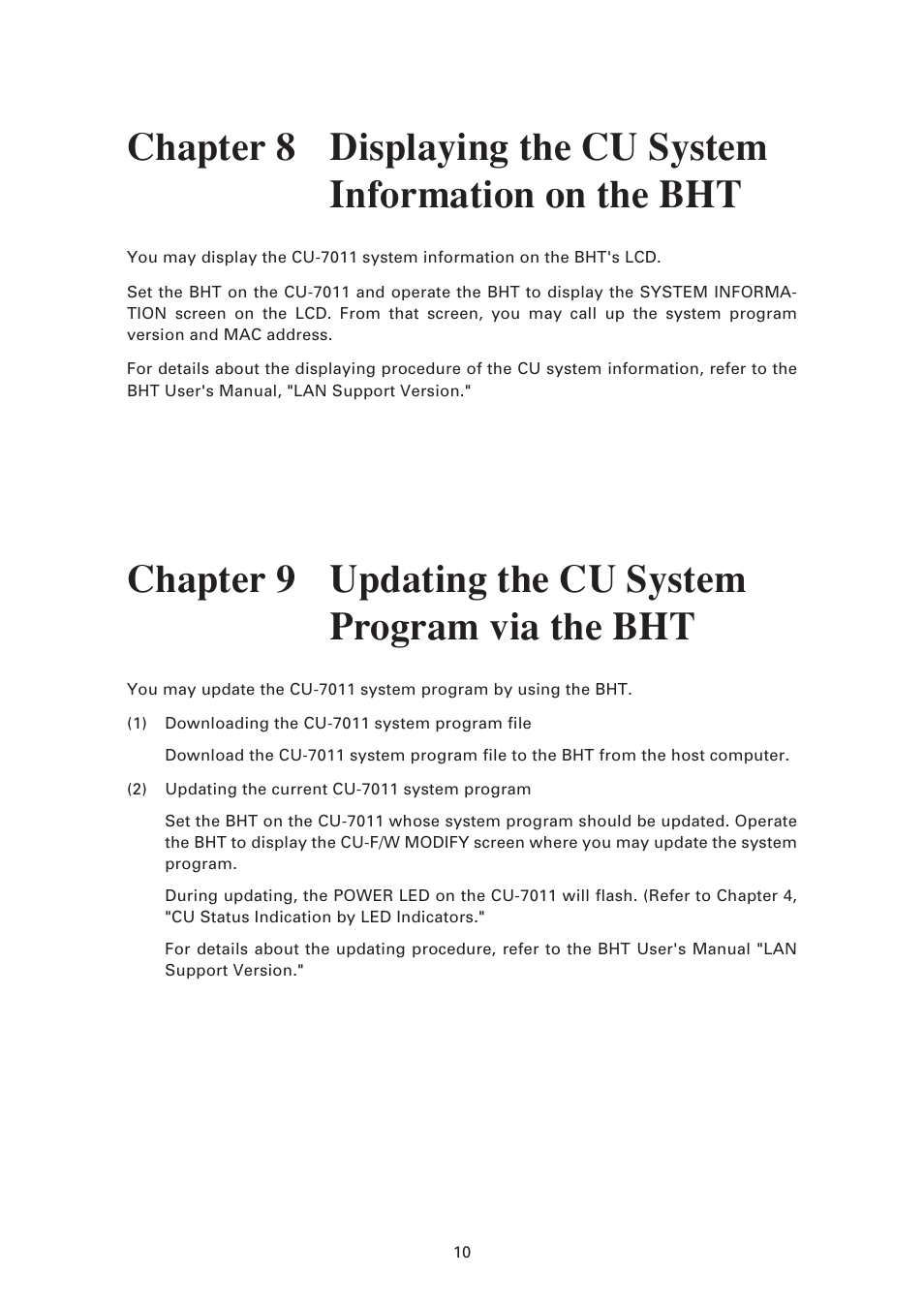 Chapter 8, Displaying the cu system information on the bht, Chapter 9 | Updating the cu system program via the bht | Denso CU-7011 User Manual | Page 20 / 23