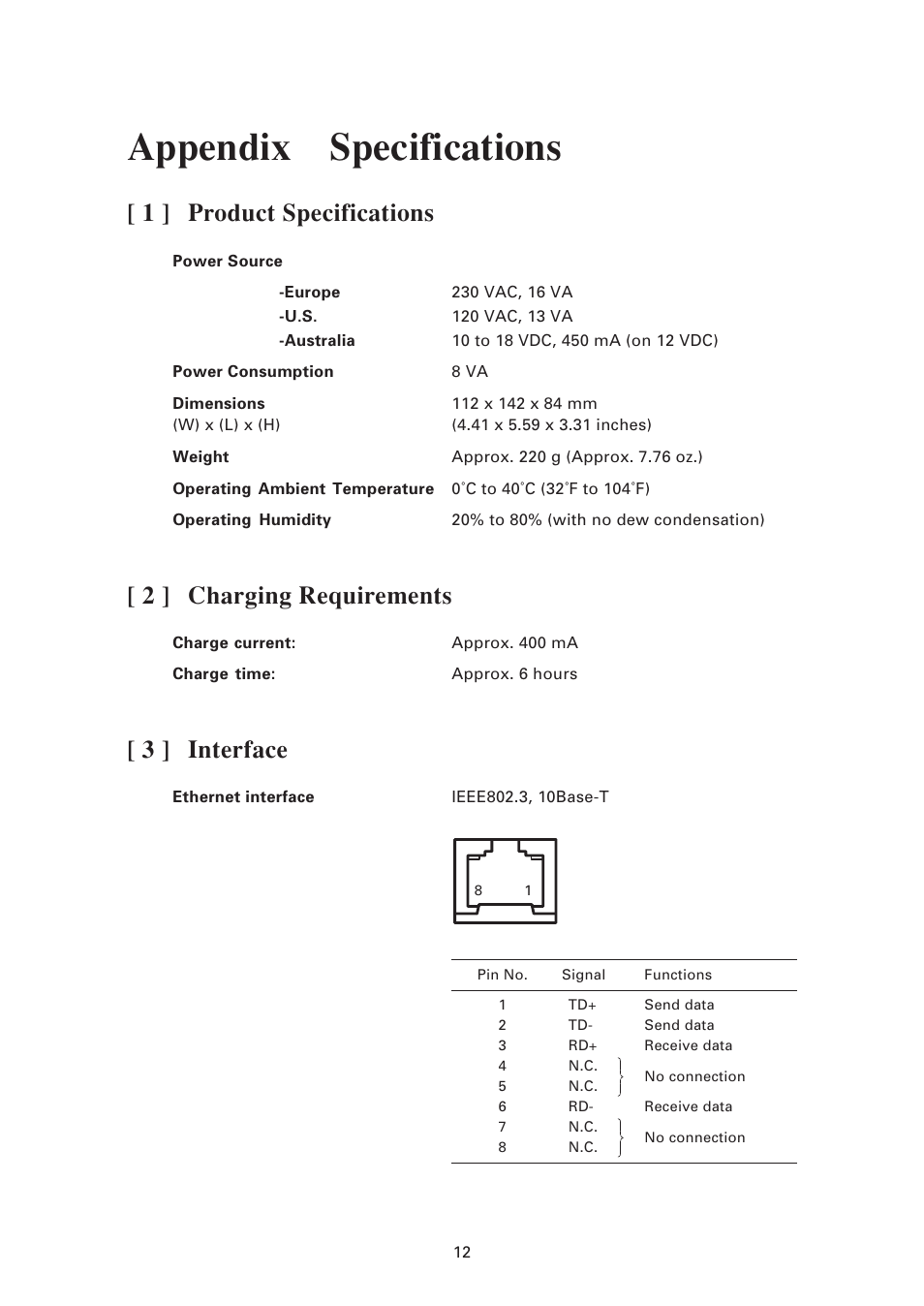 Appendix specifications, Appendix, Specifications | 1 ] product specifications, 2 ] charging requirements, 3 ] interface | Denso CU-7011 User Manual | Page 22 / 23