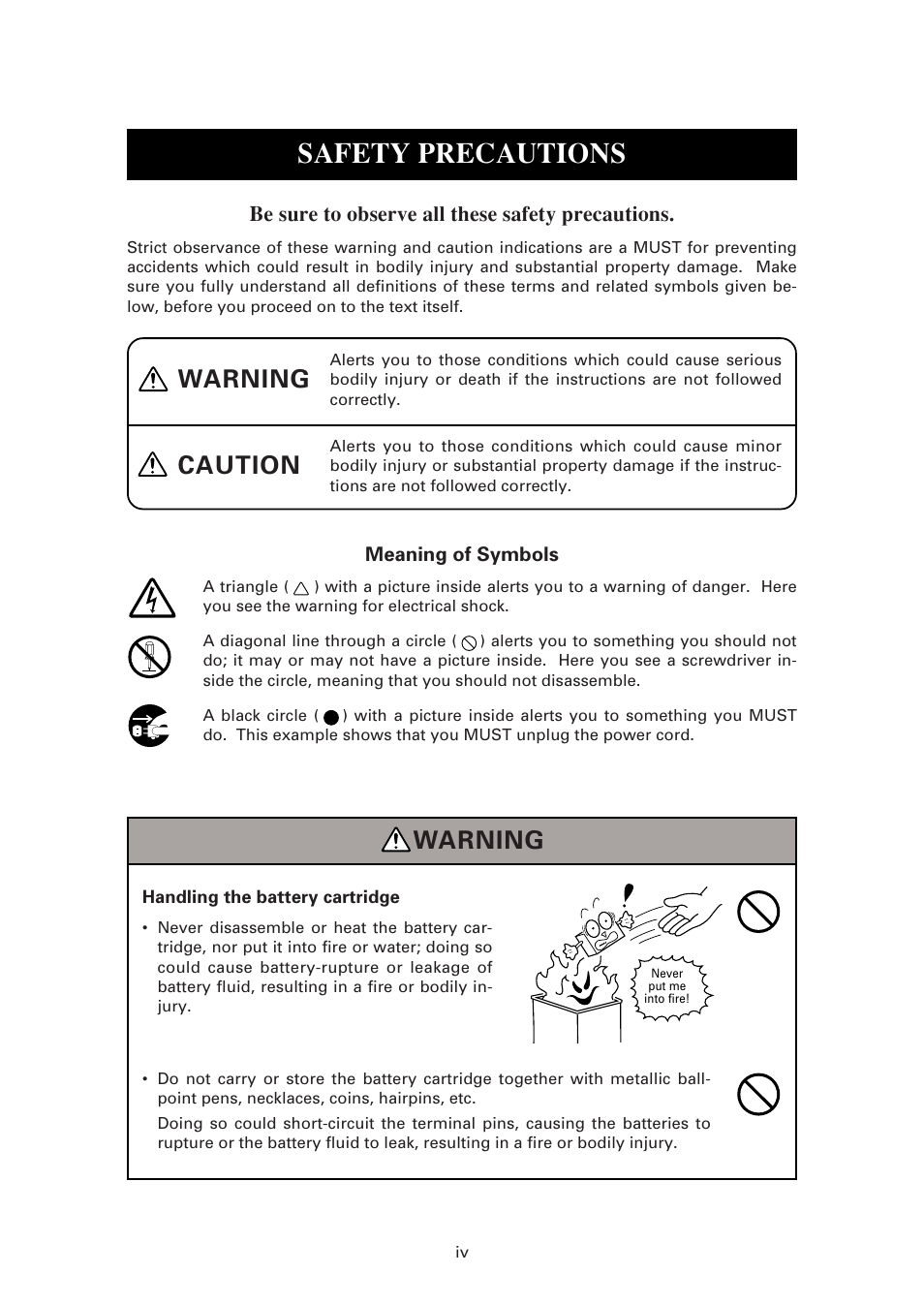 Safety precautions, Warning caution, Warning | Be sure to observe all these safety precautions | Denso CU-7011 User Manual | Page 6 / 23