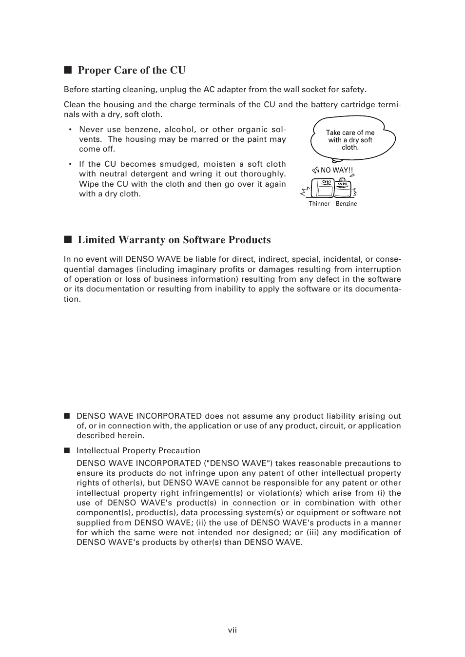 Proper care of the cu, Limited warranty on software products | Denso CU-7011 User Manual | Page 9 / 23
