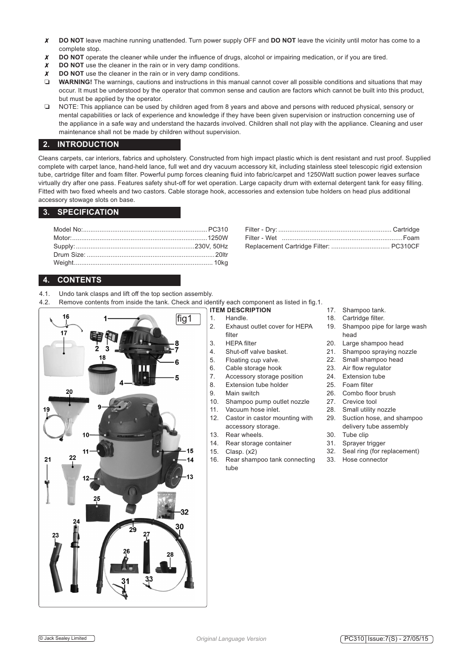 Fig1, Introduction, Specification 4. contents | Sealey PC310 User Manual | Page 2 / 8