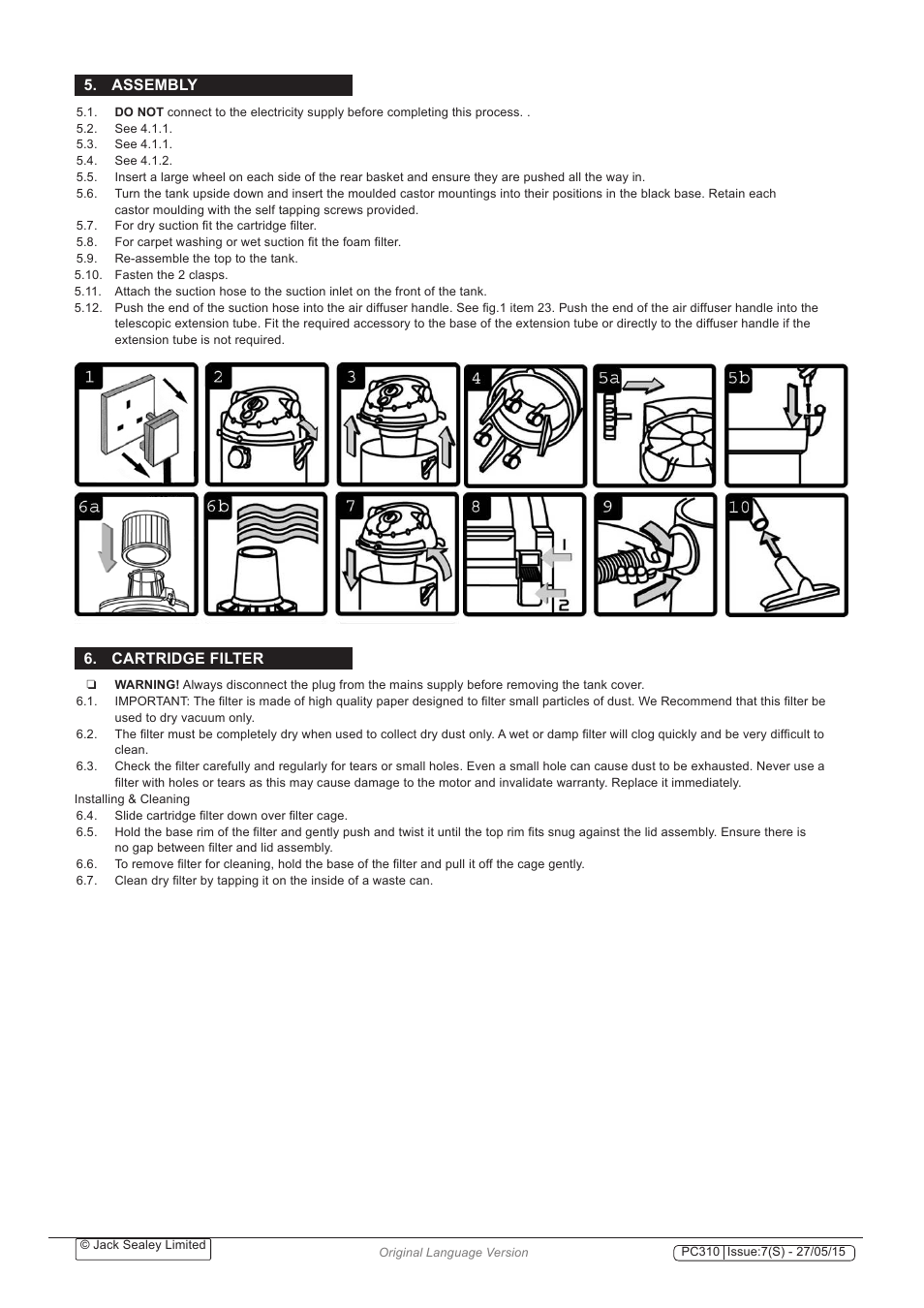 Assembly, Cartridge filter | Sealey PC310 User Manual | Page 3 / 8