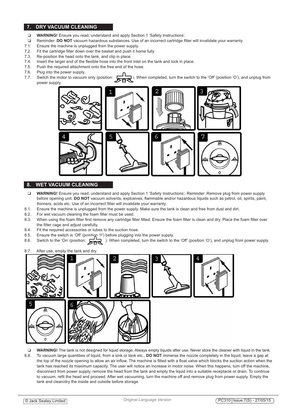 Dry vacuum cleaning, Wet vacuum cleaning | Sealey PC310 User Manual | Page 4 / 8