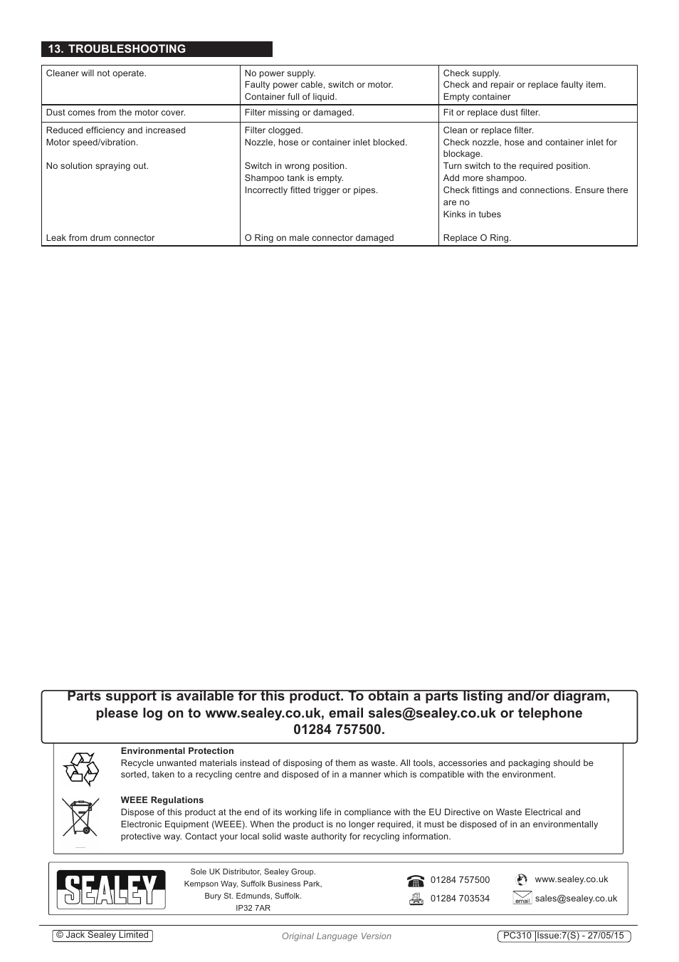 Troubleshooting | Sealey PC310 User Manual | Page 8 / 8
