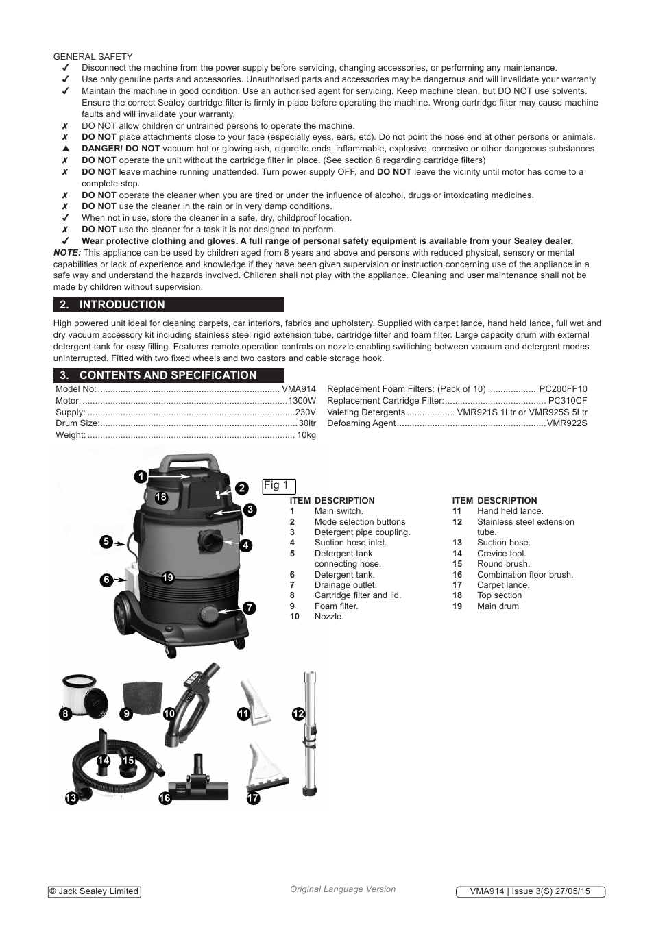 Introduction, Contents and specification, Fig 1 | Sealey VMA914 User Manual | Page 2 / 6