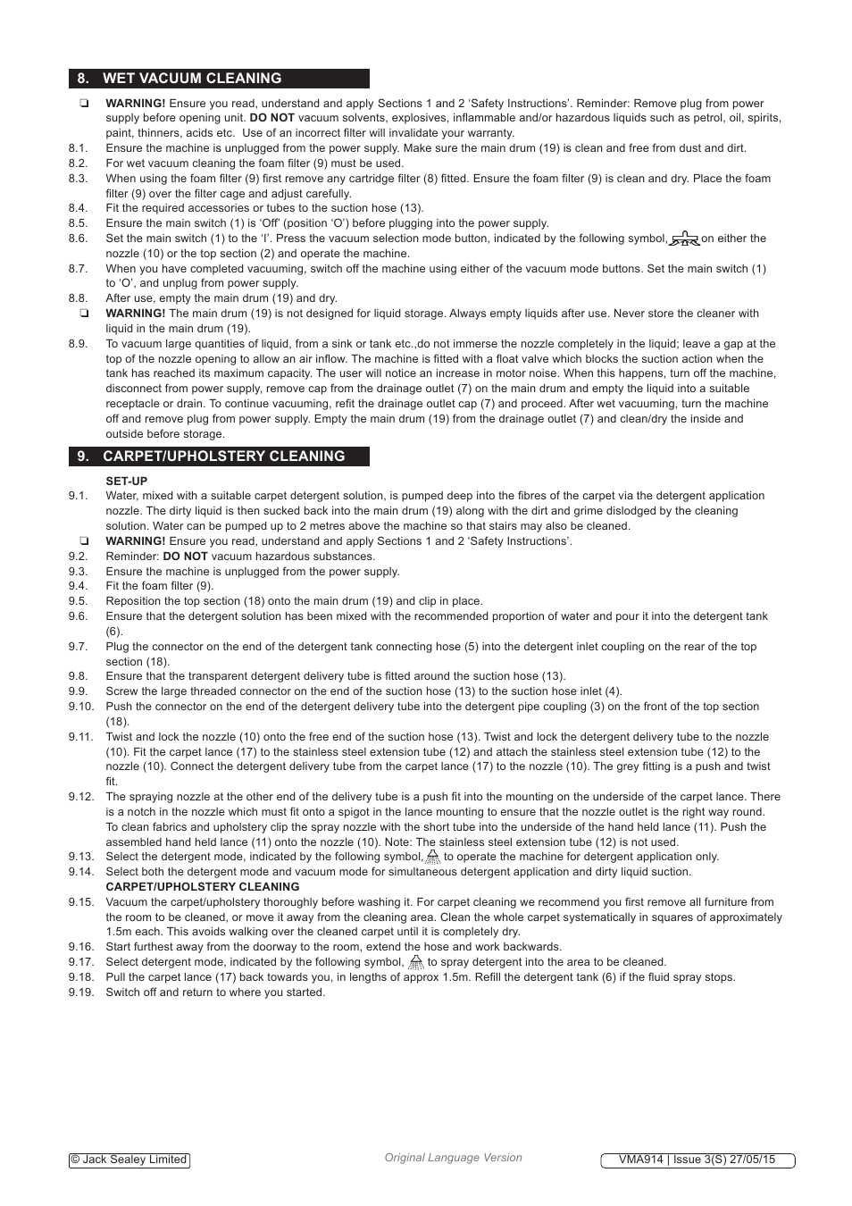 Wet vacuum cleaning, Carpet/upholstery cleaning | Sealey VMA914 User Manual | Page 4 / 6