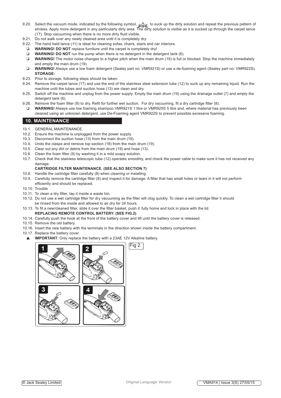 Maintenance, Fig 2 | Sealey VMA914 User Manual | Page 5 / 6