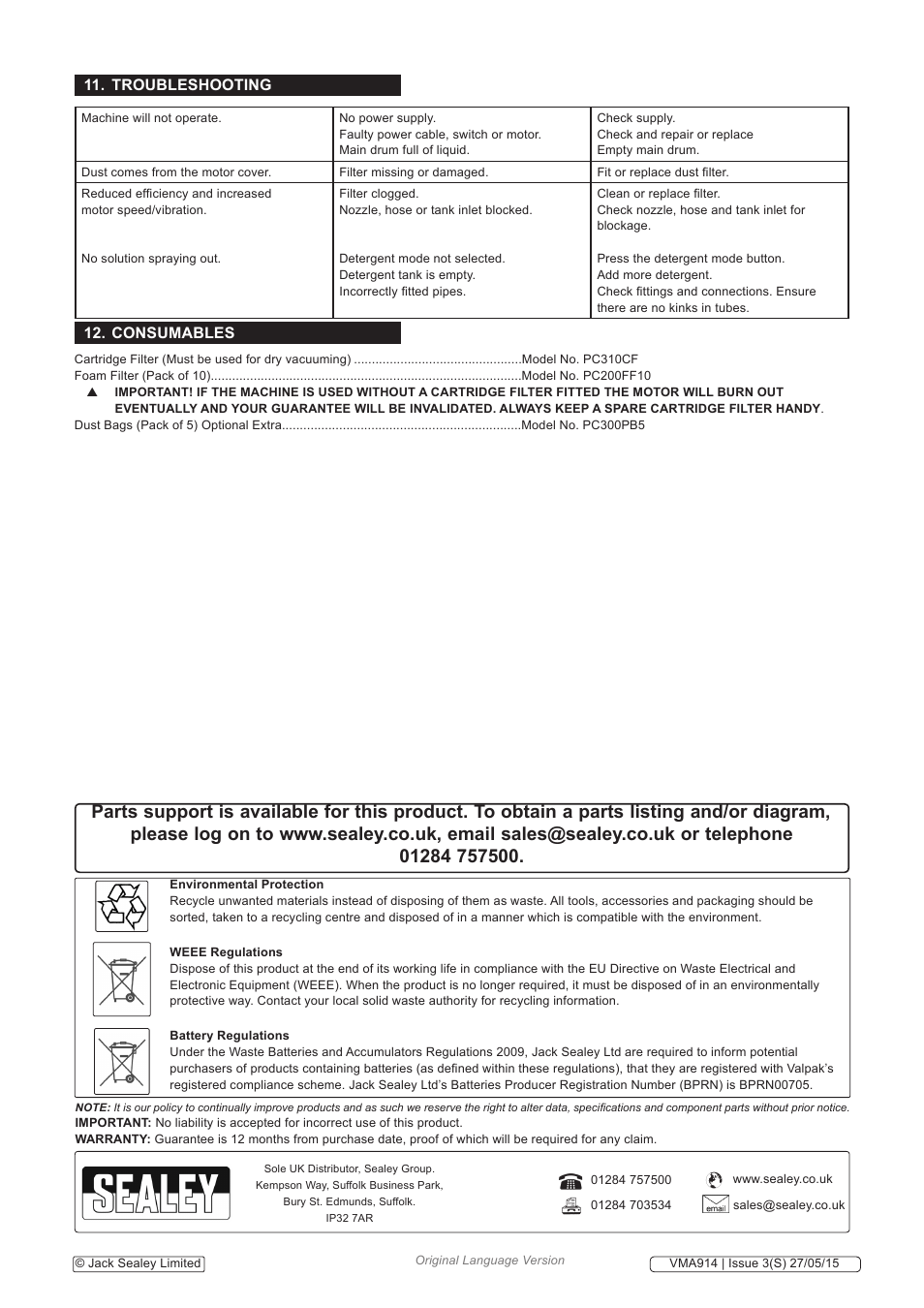 Troubleshooting, Consumables | Sealey VMA914 User Manual | Page 6 / 6