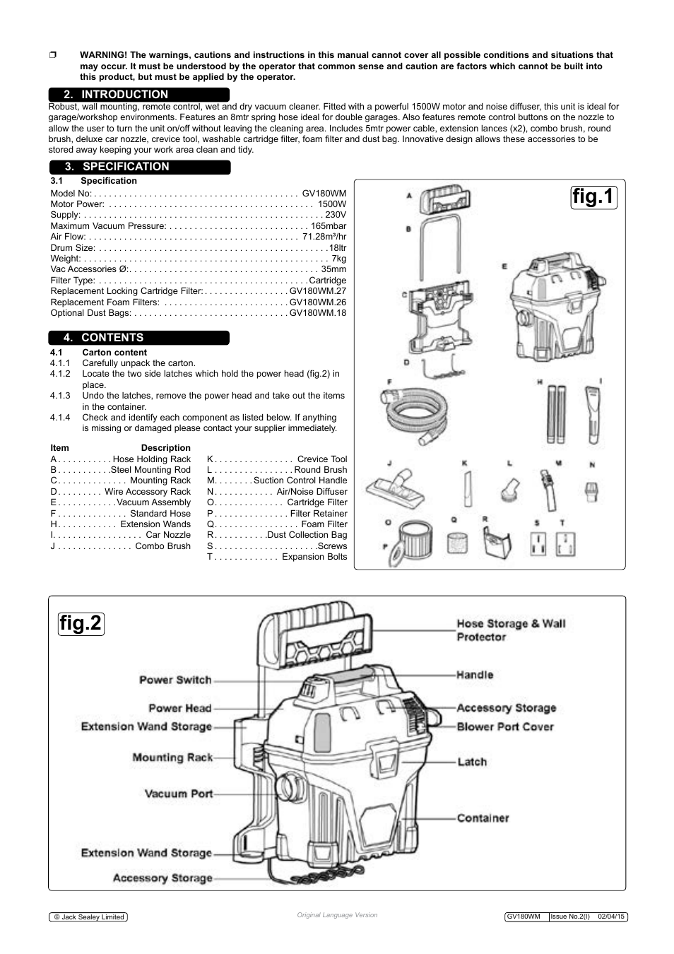 Fig.2 fig.1, Introduction 3. specification 4. contents | Sealey GV180WM User Manual | Page 2 / 7
