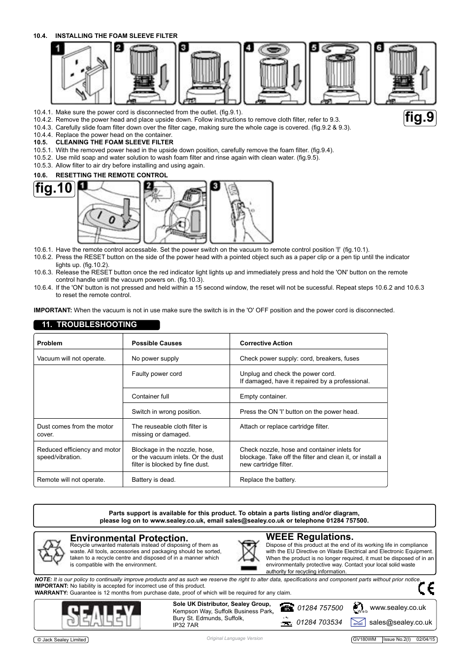 Fig.10 fig.9, Environmental protection, Weee regulations | Troubleshooting | Sealey GV180WM User Manual | Page 6 / 7