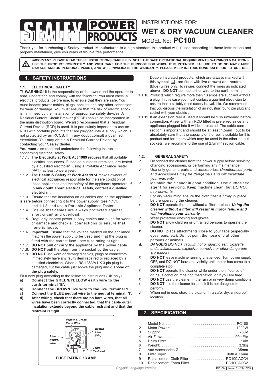 Sealey PC100 User Manual | 4 pages