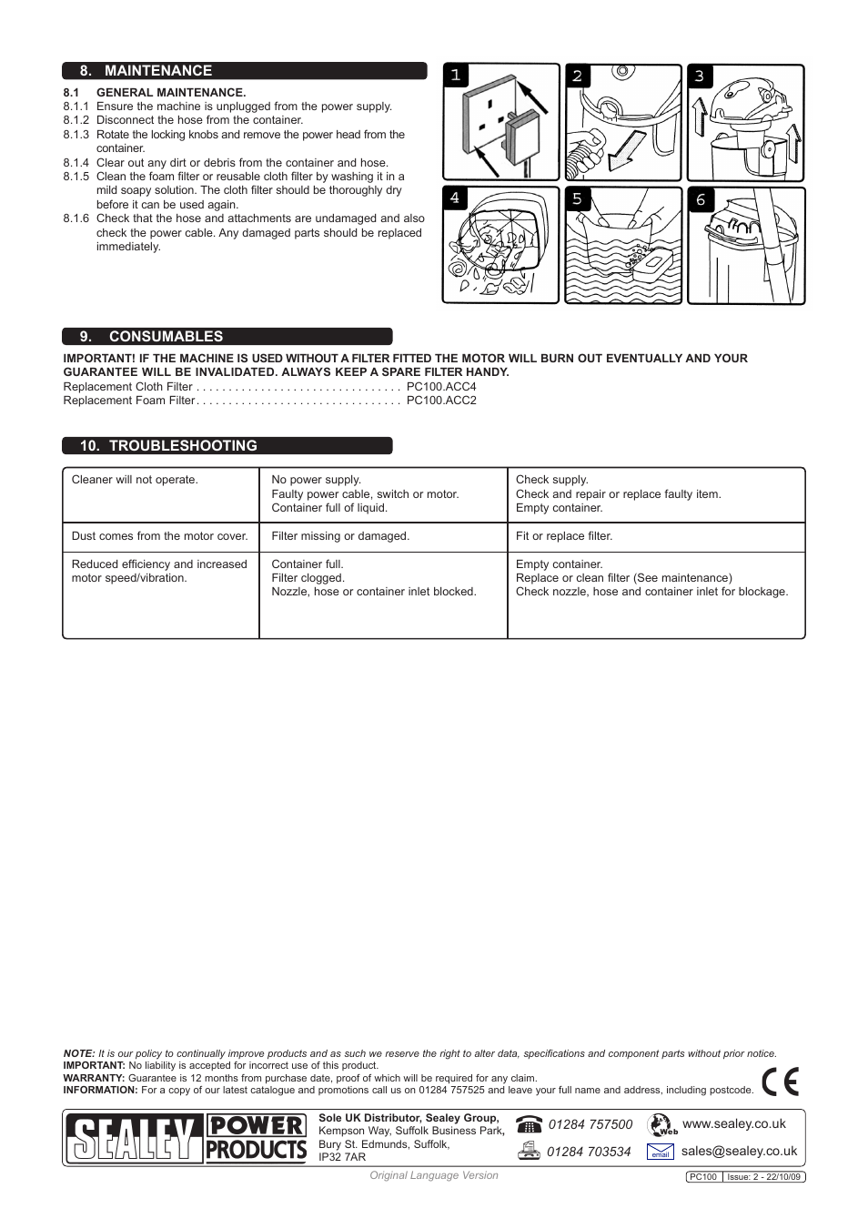 Troubleshooting 9. consumables, Maintenance | Sealey PC100 User Manual | Page 4 / 4
